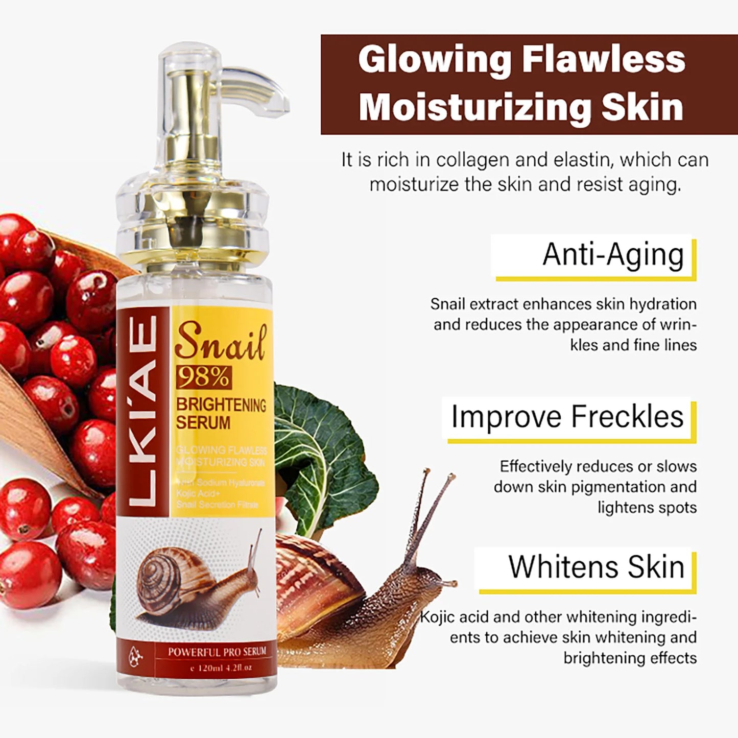 Snail 98 Face Serum Powerful 5 In 1 Anti Aging Kojic Acid And Arbutin Skin Care Essence Facial Whitening Snail Serum 120ml