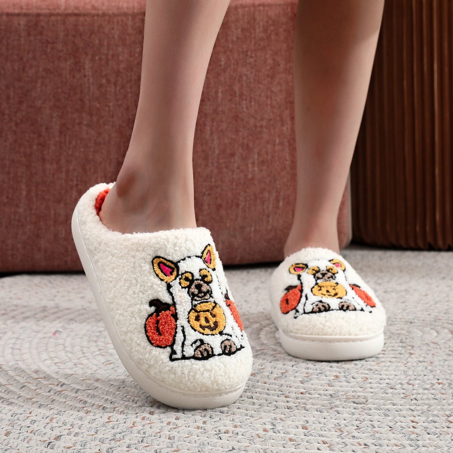 A Pair of White Halloween Pet Dog Ghost Dress up Pumpkin Element Pattern Embroider Plush Home Thick-Soled Comfortable Fur Slippers Personalized Warm Non-Slip Indoor Slippers Autumn and Winter Gifts for Men and Women to Wear