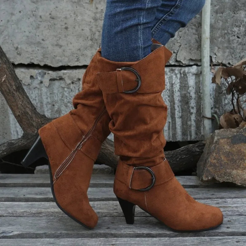 Winter Women's Mid-calf Boots with Buckle Strap and Side Zipper Stylish High Heeled Suedette Long Boots Shoes for Everyday Wear