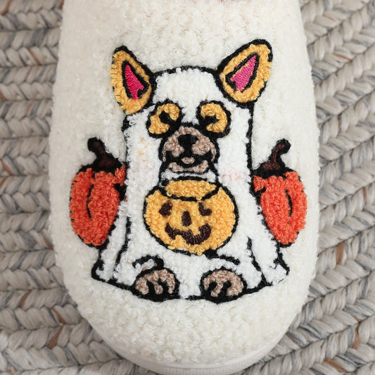 A Pair of White Halloween Pet Dog Ghost Dress up Pumpkin Element Pattern Embroider Plush Home Thick-Soled Comfortable Fur Slippers Personalized Warm Non-Slip Indoor Slippers Autumn and Winter Gifts for Men and Women to Wear
