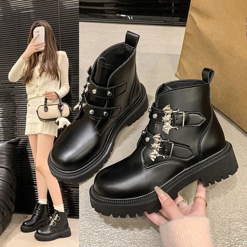 Autumn and Winter New Single Boots Fashion Round Toe Rivet Platform Non-slip Wear-resistant Block Heel Short Boots