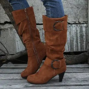 Winter Women's Mid-calf Boots with Buckle Strap and Side Zipper Stylish High Heeled Suedette Long Boots Shoes for Everyday Wear