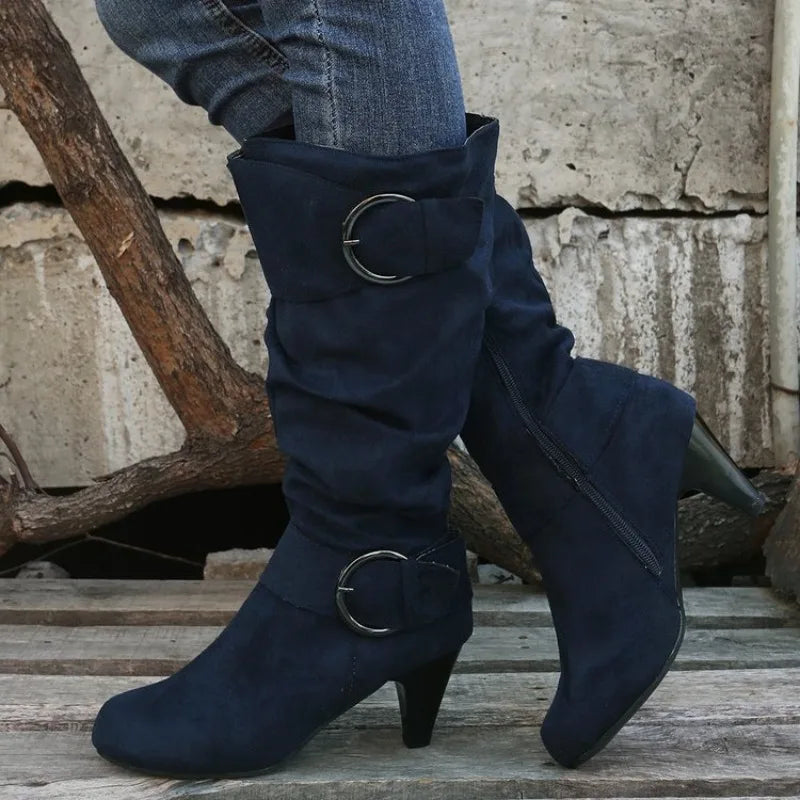 Winter Women's Mid-calf Boots with Buckle Strap and Side Zipper Stylish High Heeled Suedette Long Boots Shoes for Everyday Wear
