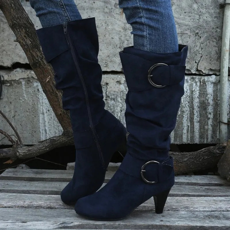 Winter Women's Mid-calf Boots with Buckle Strap and Side Zipper Stylish High Heeled Suedette Long Boots Shoes for Everyday Wear