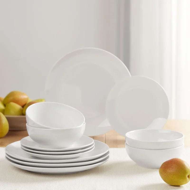 12-Piece White Stoneware Dinnerware Set 4 Dishwasher Microwave Safe Elegant Tableware Bowls Plates Ideal Formal Casual Use