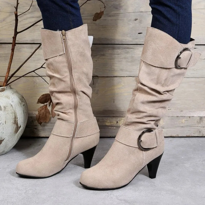Winter Women's Mid-calf Boots with Buckle Strap and Side Zipper Stylish High Heeled Suedette Long Boots Shoes for Everyday Wear