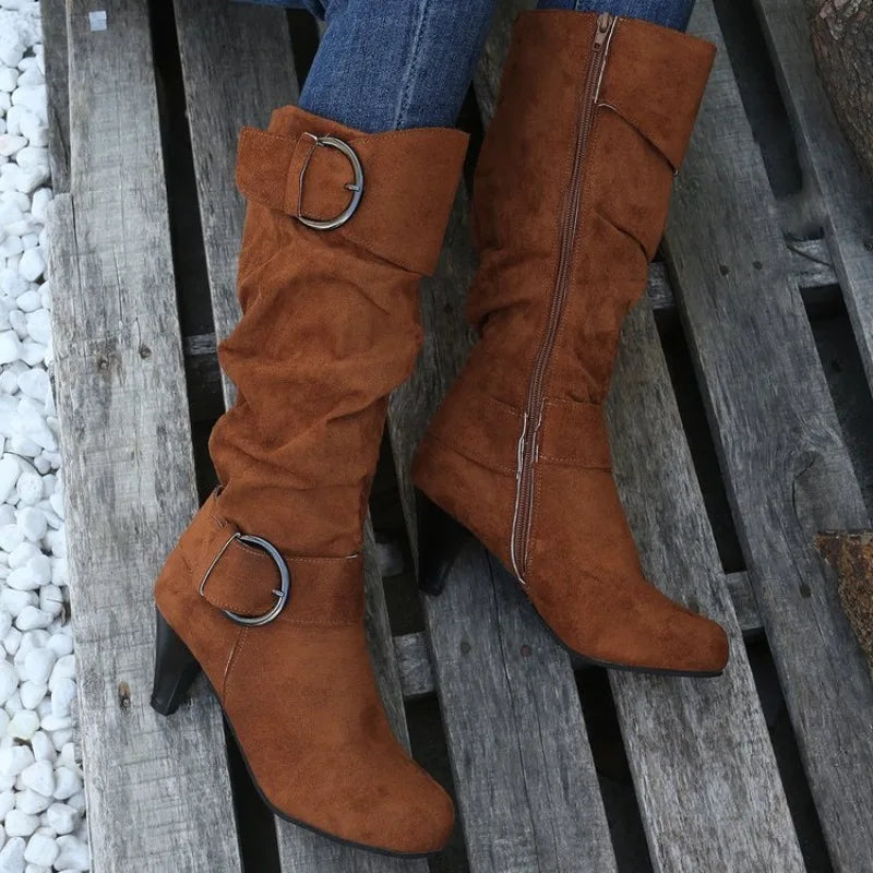 Winter Women's Mid-calf Boots with Buckle Strap and Side Zipper Stylish High Heeled Suedette Long Boots Shoes for Everyday Wear