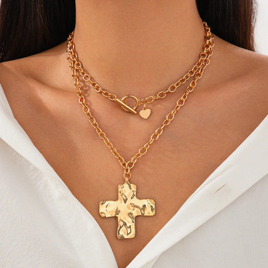 18k Gold Layered Chunky Cross Necklace for Women Cross Layering Pendant Statement Necklace
