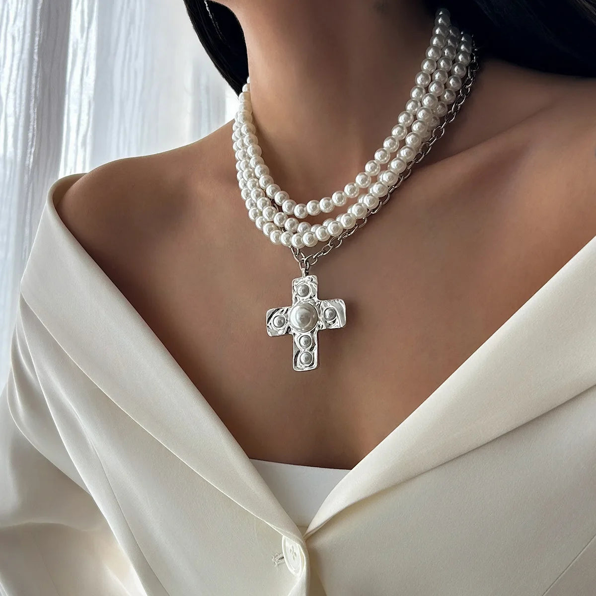 18k Gold Layered Chunky Cross Necklace for Women Cross Layering Pendant Statement Necklace