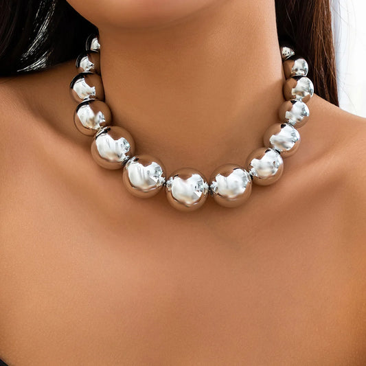 Exaggerated Big Ball Choker Necklace For Women Men Punk Vintage Gold Silver Color Chunky Clavicle Chain