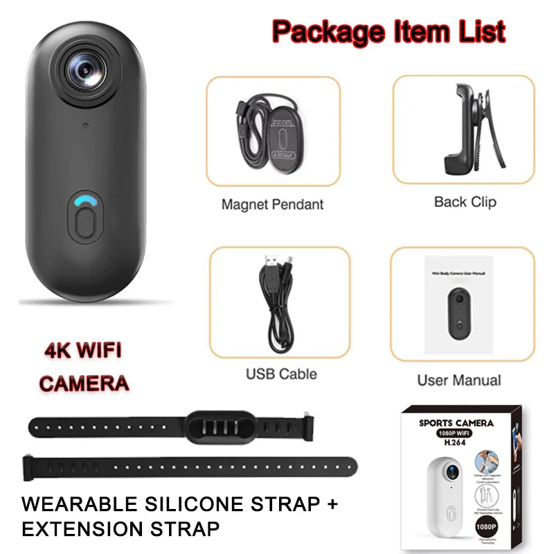 POV 4K Portable Action Cam Wearable Necklace Body Mounted Mini Camera Wireless WiFi Vlogging Support  Pocket Recorder Youtube