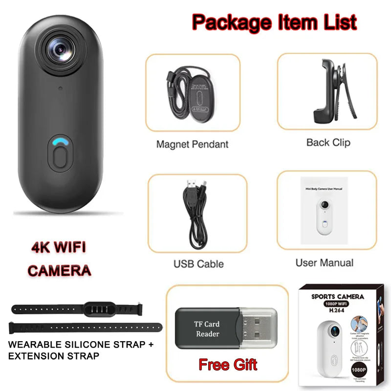 POV 4K Portable Action Cam Wearable Necklace Body Mounted Mini Camera Wireless WiFi Vlogging Support  Pocket Recorder Youtube