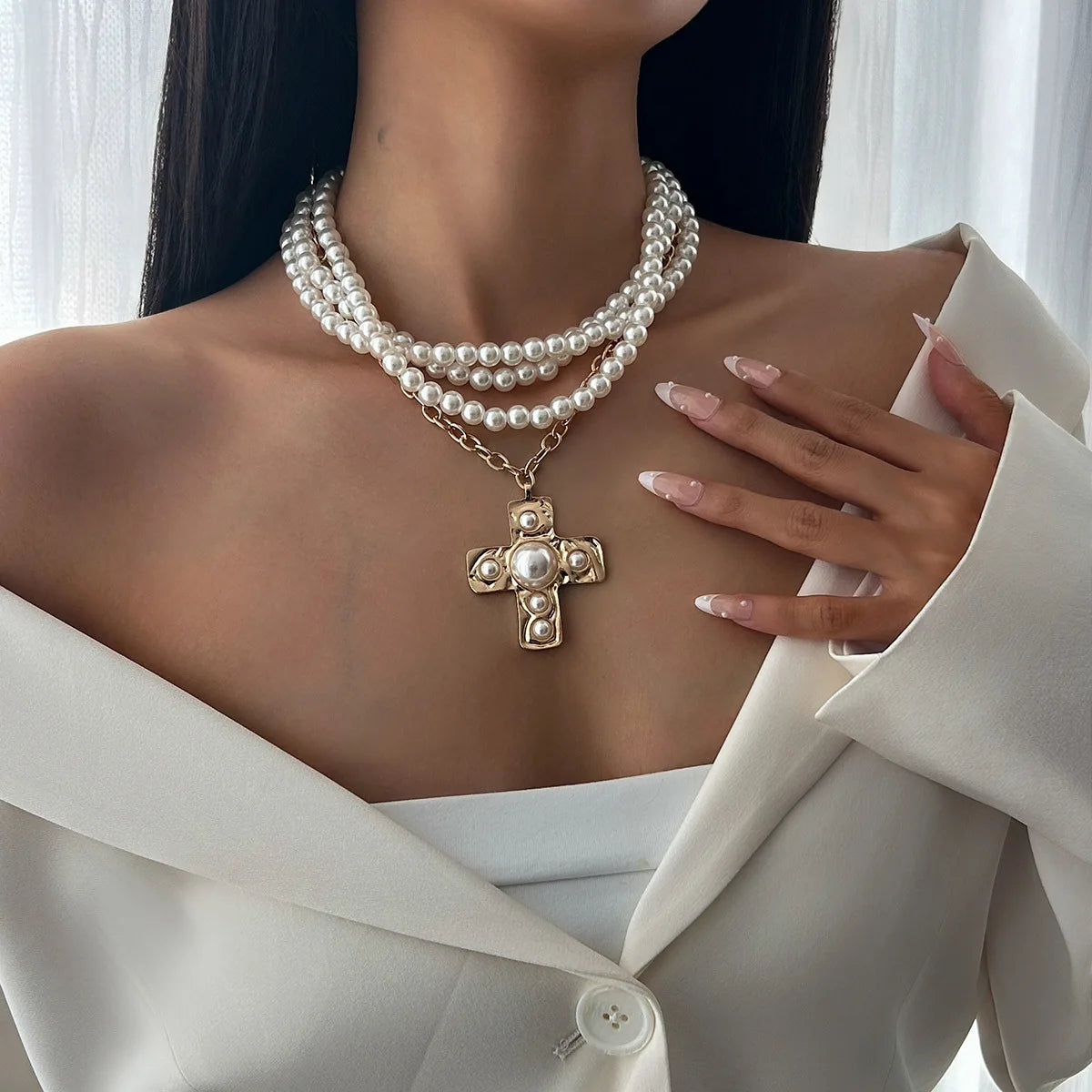 18k Gold Layered Chunky Cross Necklace for Women Cross Layering Pendant Statement Necklace