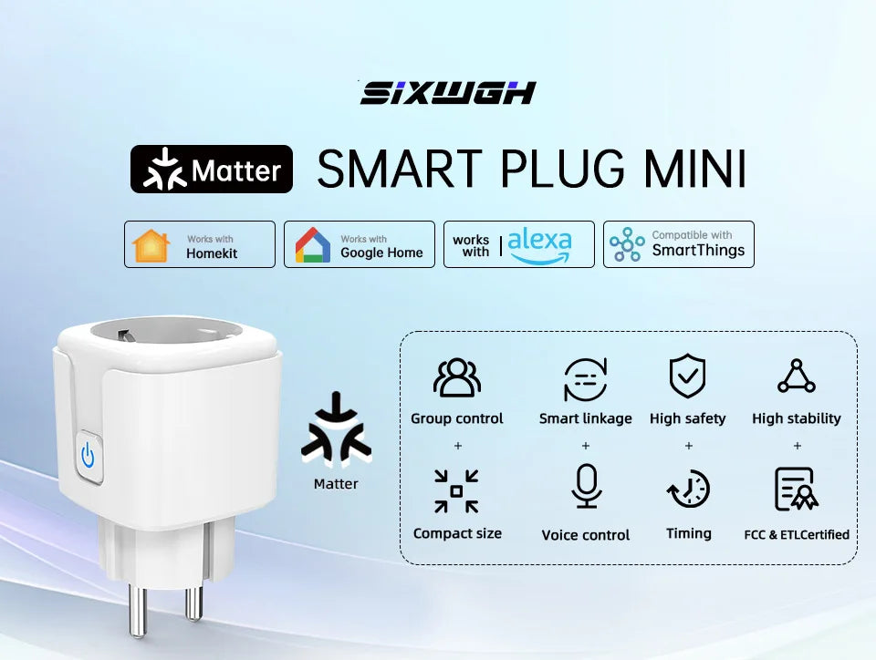 16A/20A EU Smart Plug Power Outlet Matter Smart WiFi Socket Mini Smart Plug for HomeKit SmartThings Works with Siri Alexa