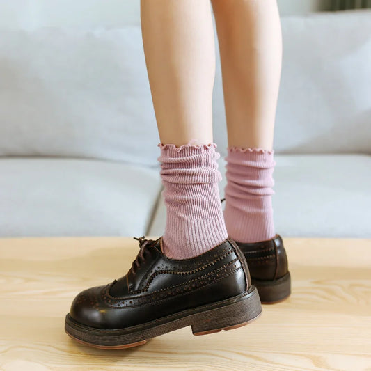 1 Pair Women's Lace Trim Ruffle Socks Cotton Stacked Socks Mid Calf Solid Color Kawaii Vintage Princess Socks Spring Autumn Thin