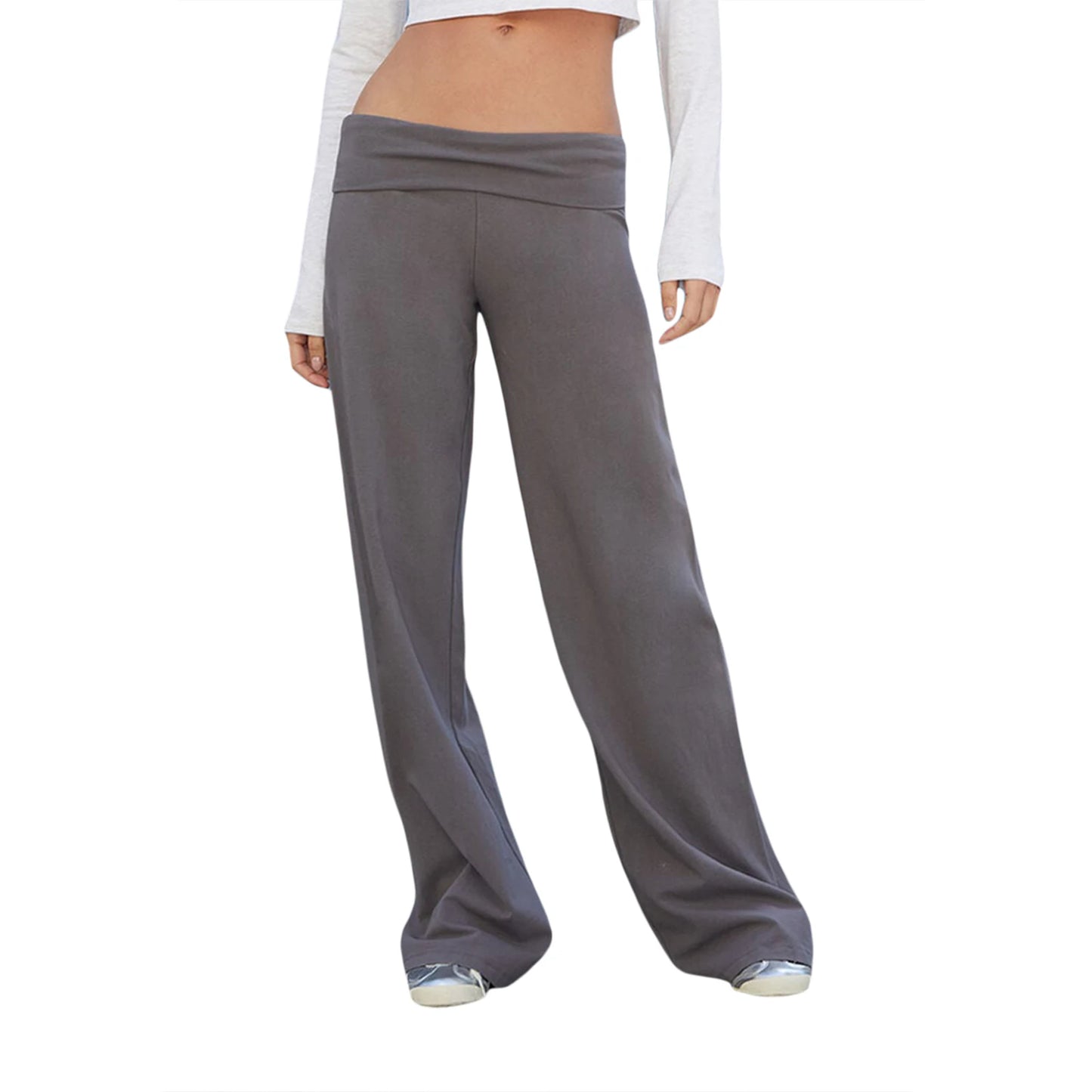Women Skinny Pants Fold Over Bootcut Stretchy Flare Leggings Long Y2k Joggers Sweatpants Lounge Streetwear Folded Waist Trousers