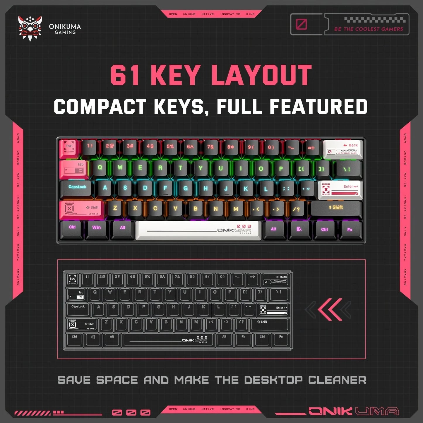 ONIKUMA G55 Mechanical Gaming Keyboard 61 Keys Layout RGB Customized Wired Colorful LED Backlit Keyboard for Compute Laptop PC