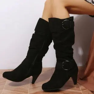 Winter Women's Mid-calf Boots with Buckle Strap and Side Zipper Stylish High Heeled Suedette Long Boots Shoes for Everyday Wear