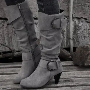 Winter Women's Mid-calf Boots with Buckle Strap and Side Zipper Stylish High Heeled Suedette Long Boots Shoes for Everyday Wear