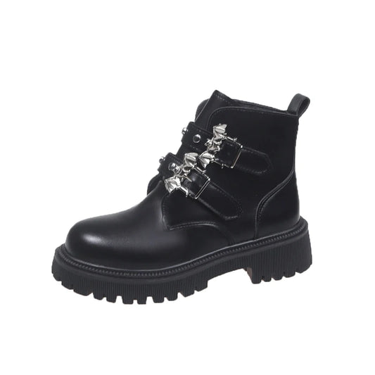 Autumn and Winter New Single Boots Fashion Round Toe Rivet Platform Non-slip Wear-resistant Block Heel Short Boots