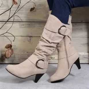 Winter Women's Mid-calf Boots with Buckle Strap and Side Zipper Stylish High Heeled Suedette Long Boots Shoes for Everyday Wear