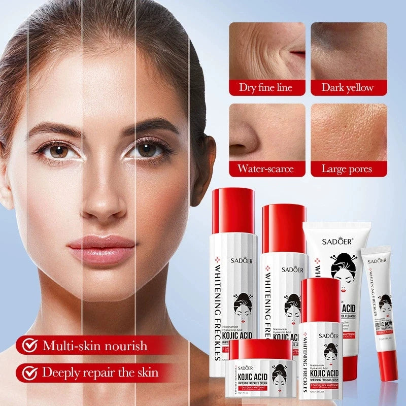 Kojic Acid Whitening Anti Freckle Skin Care Set Face Toner Serum Cream Brighten Dark Spot Corrector Removal Fade Blemish Melasma