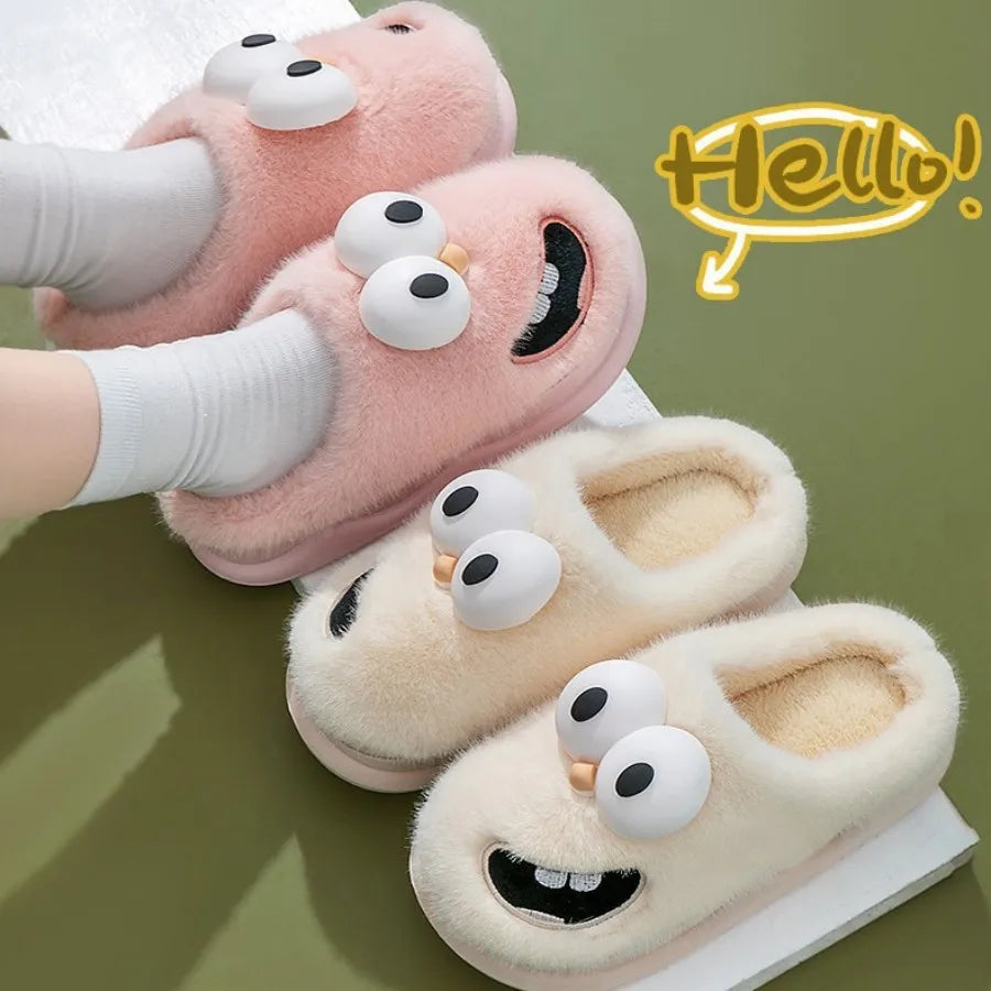 Wearing Cute Cartoon Big-eyed Dogs in Baotou in Autumn and Winter Indoor Non-slip Cotton Slippers Female Household