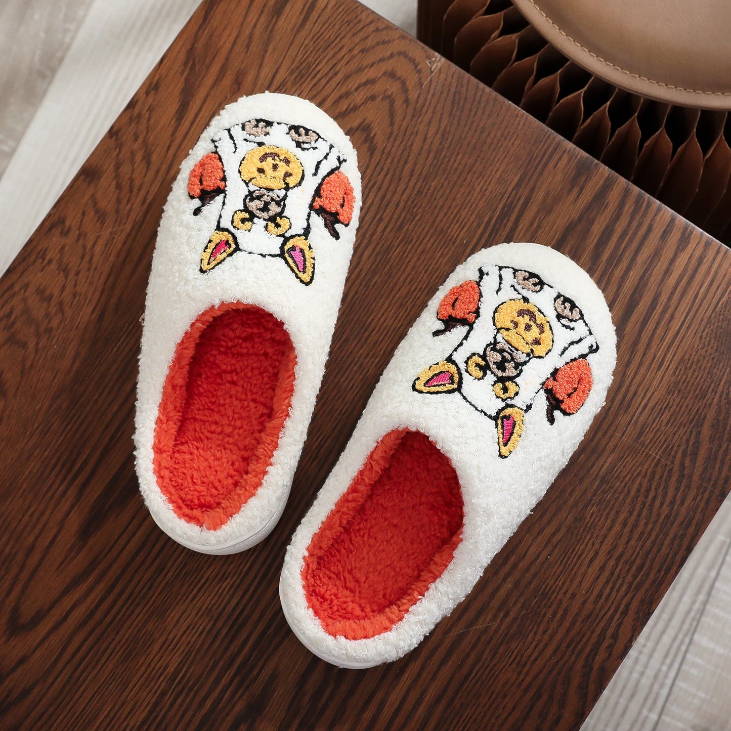 A Pair of White Halloween Pet Dog Ghost Dress up Pumpkin Element Pattern Embroider Plush Home Thick-Soled Comfortable Fur Slippers Personalized Warm Non-Slip Indoor Slippers Autumn and Winter Gifts for Men and Women to Wear