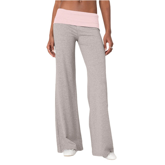 Women Skinny Pants Fold Over Bootcut Stretchy Flare Leggings Long Y2k Joggers Sweatpants Lounge Streetwear Folded Waist Trousers
