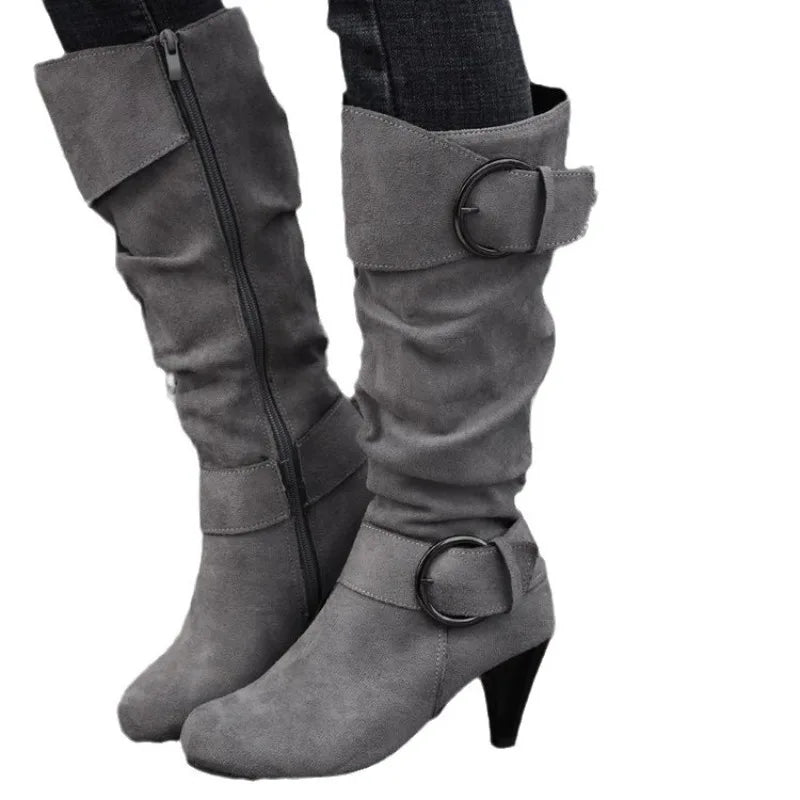 Winter Women's Mid-calf Boots with Buckle Strap and Side Zipper Stylish High Heeled Suedette Long Boots Shoes for Everyday Wear