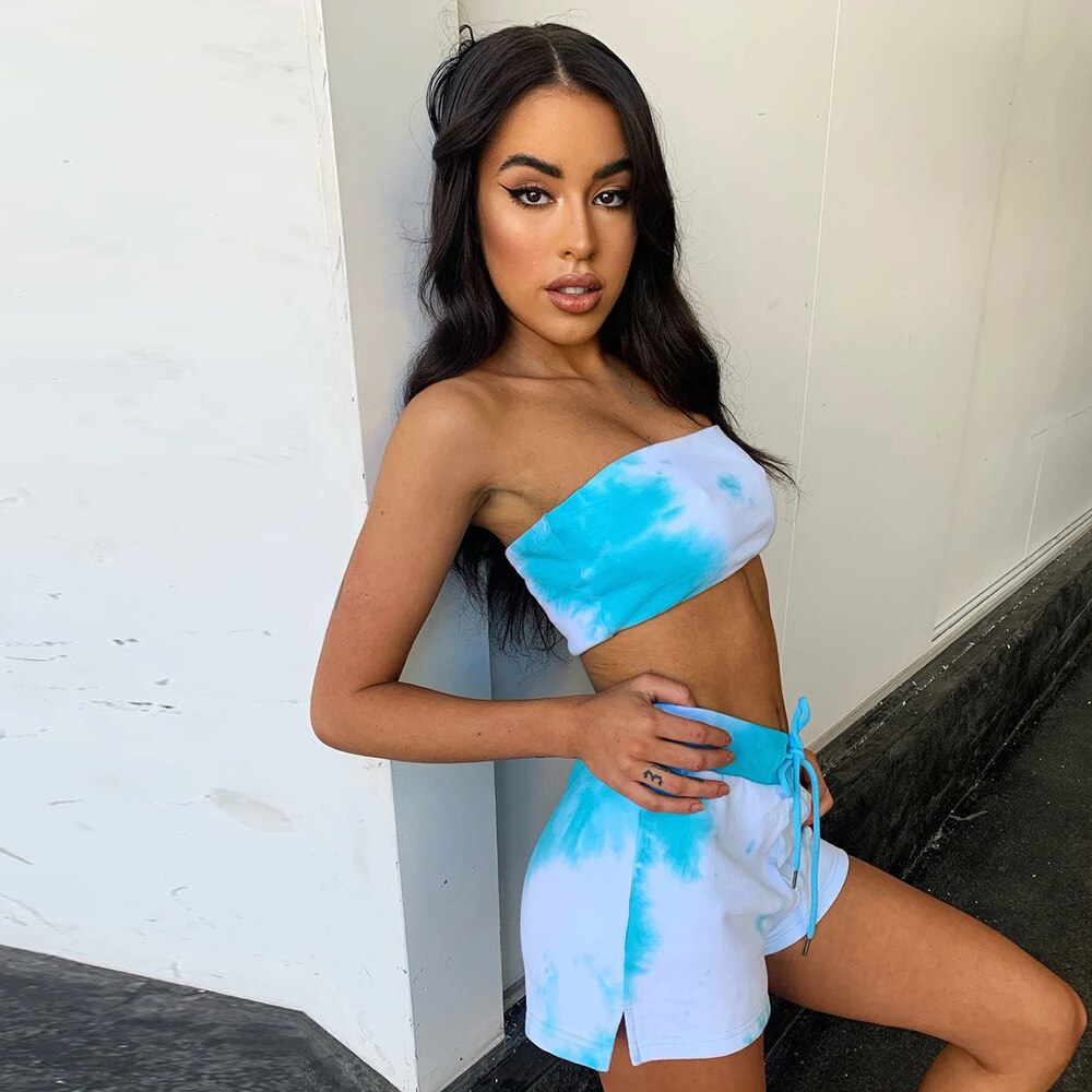 Sexy Tie Dye Fitness Tracksuit Set For Women Casual Gym Sportswear Push Up Running Work Out Outfits Tube Crop Top Shorts Suit-2